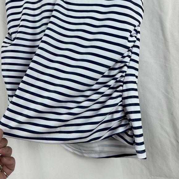 Yonique Open Back Halter Tankini Top Swimsuit Blue White Stripe XL Ruched - Picture 2 of 11